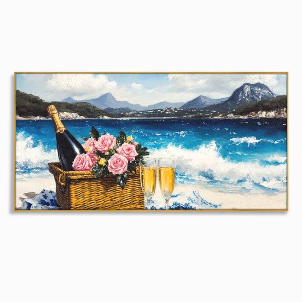 Leinwand Premium Canvas Wall Art, LuxCanva® N1056, Toast to Paradise, Wellen, Ozean, Picknick, Rosen, Glas, Gläser, Champagner, Getränk, Strand, Urlaub, Kneipe, Lounge, Bar, Restaurant, Küche, Küche