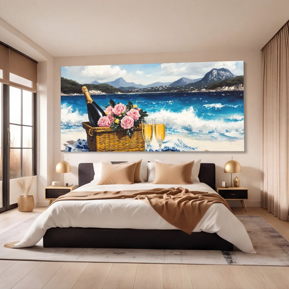 Leinwand Premium Canvas Wall Art, LuxCanva® N1056, Toast to Paradise, Wellen, Ozean, Picknick, Rosen, Glas, Gläser, Champagner, Getränk, Strand, Urlaub, Kneipe, Lounge, Bar, Restaurant, Küche, Küche