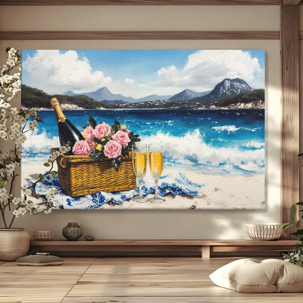 Leinwand Premium Canvas Wall Art, LuxCanva® N1056, Toast to Paradise, Wellen, Ozean, Picknick, Rosen, Glas, Gläser, Champagner, Getränk, Strand, Urlaub, Kneipe, Lounge, Bar, Restaurant, Küche, Küche