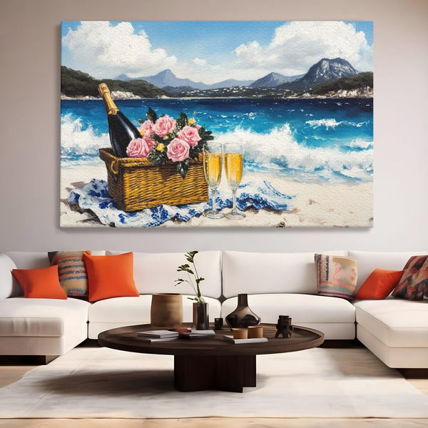 Leinwand Premium Canvas Wall Art, LuxCanva® N1056, Toast to Paradise, Wellen, Ozean, Picknick, Rosen, Glas, Gläser, Champagner, Getränk, Strand, Urlaub, Kneipe, Lounge, Bar, Restaurant, Küche, Küche