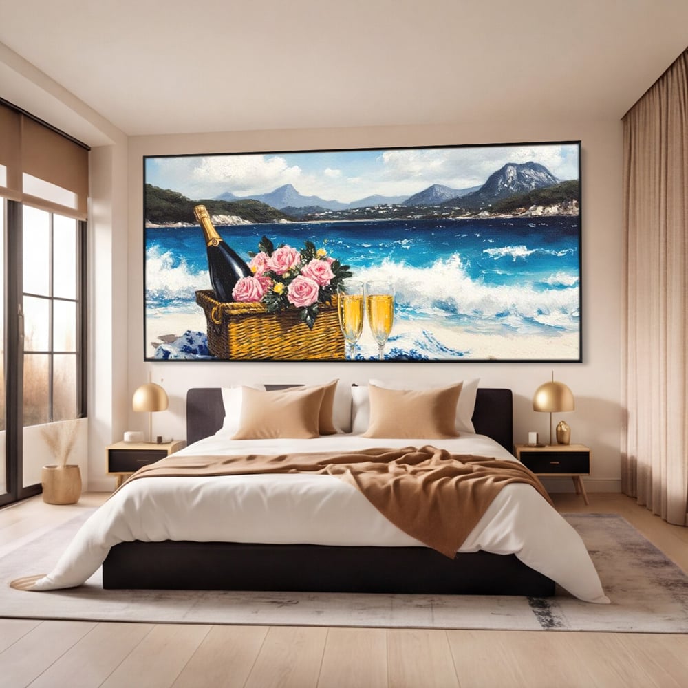 Leinwand Premium Canvas Wall Art, LuxCanva® N1056, Toast to Paradise, Wellen, Ozean, Picknick, Rosen, Glas, Gläser, Champagner, Getränk, Strand, Urlaub, Kneipe, Lounge, Bar, Restaurant, Küche, Küche
