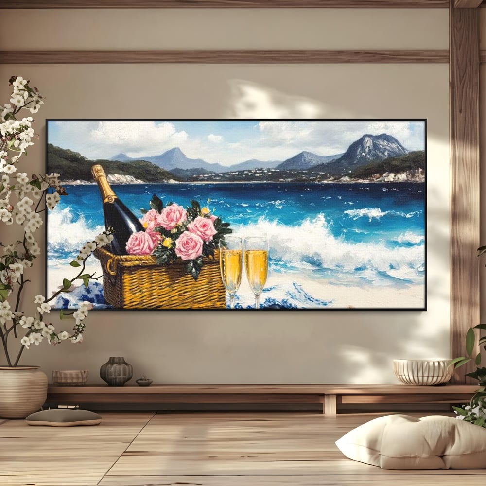Leinwand Premium Canvas Wall Art, LuxCanva® N1056, Toast to Paradise, Wellen, Ozean, Picknick, Rosen, Glas, Gläser, Champagner, Getränk, Strand, Urlaub, Kneipe, Lounge, Bar, Restaurant, Küche, Küche