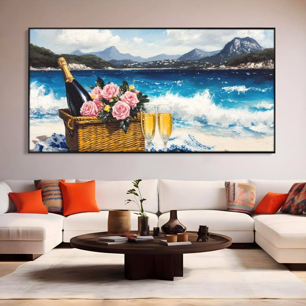 Leinwand Premium Canvas Wall Art, LuxCanva® N1056, Toast to Paradise, Wellen, Ozean, Picknick, Rosen, Glas, Gläser, Champagner, Getränk, Strand, Urlaub, Kneipe, Lounge, Bar, Restaurant, Küche, Küche
