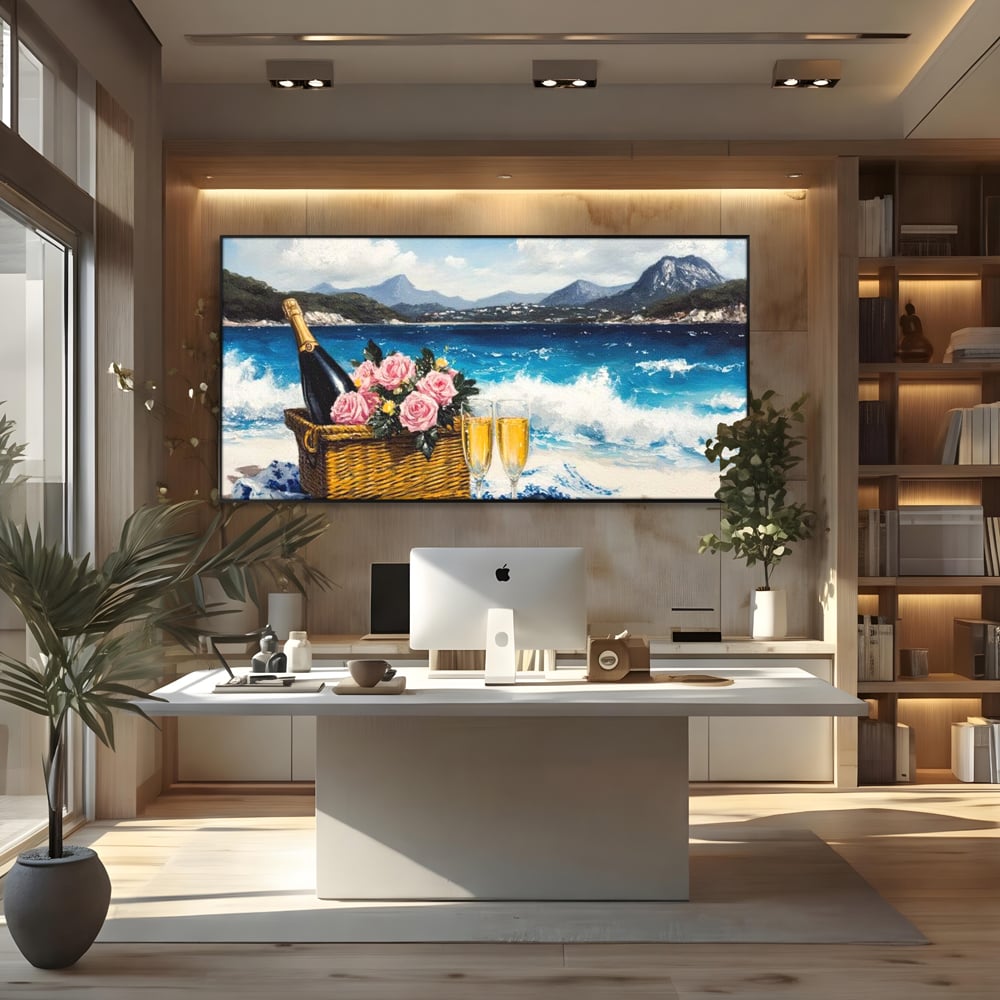 Leinwand Premium Canvas Wall Art, LuxCanva® N1056, Toast to Paradise, Wellen, Ozean, Picknick, Rosen, Glas, Gläser, Champagner, Getränk, Strand, Urlaub, Kneipe, Lounge, Bar, Restaurant, Küche, Küche