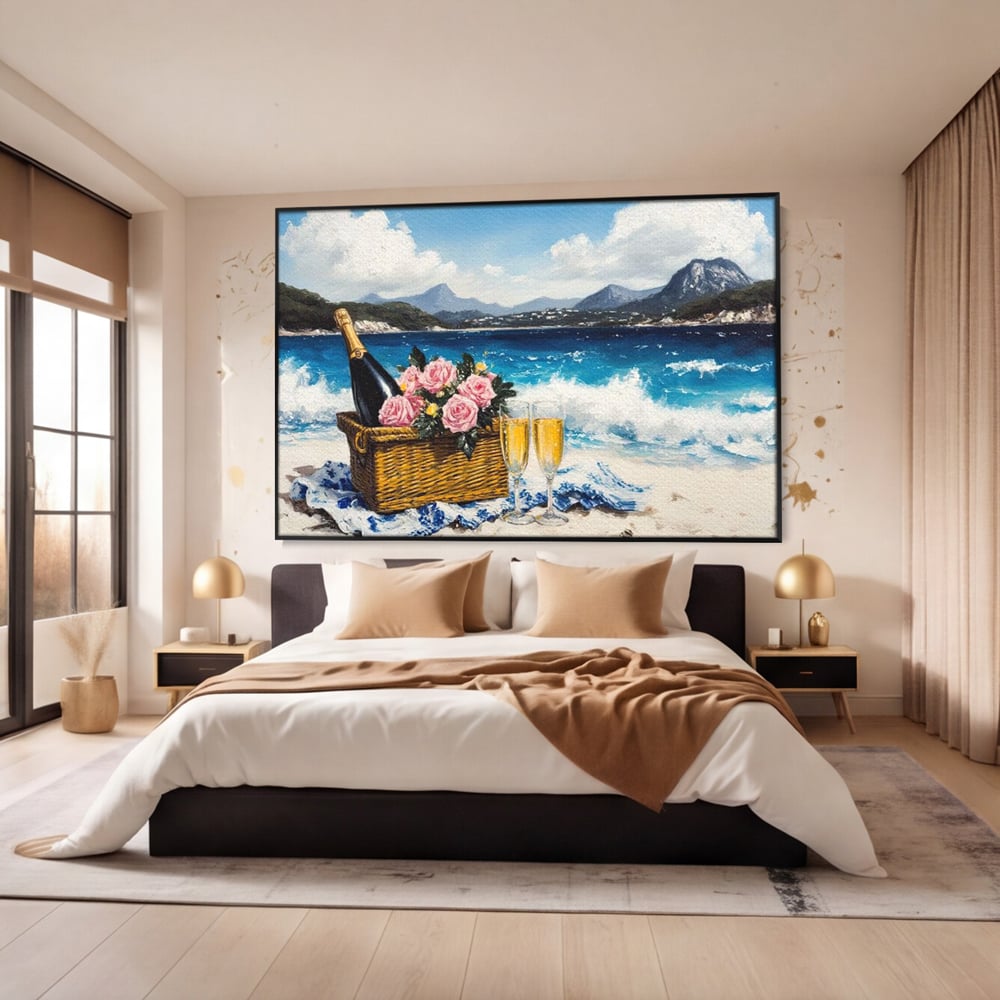 Leinwand Premium Canvas Wall Art, LuxCanva® N1056, Toast to Paradise, Wellen, Ozean, Picknick, Rosen, Glas, Gläser, Champagner, Getränk, Strand, Urlaub, Kneipe, Lounge, Bar, Restaurant, Küche, Küche