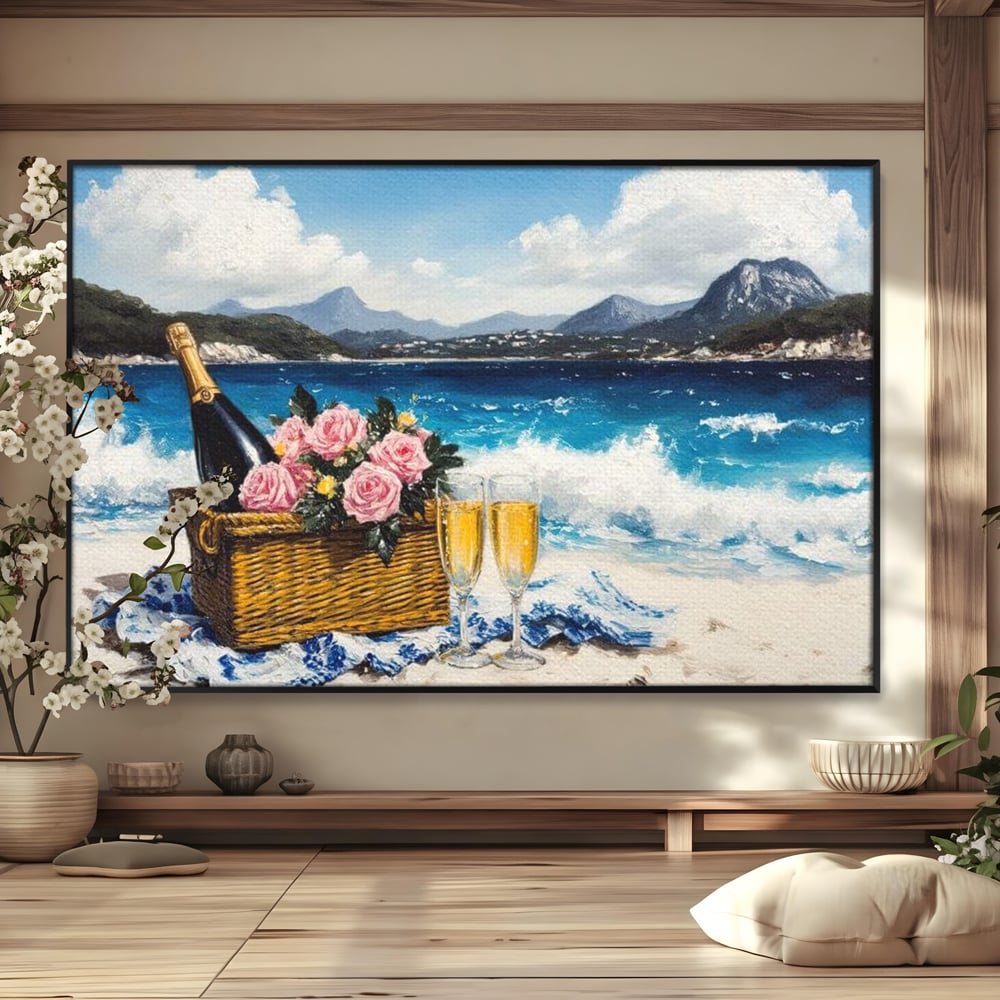 Leinwand Premium Canvas Wall Art, LuxCanva® N1056, Toast to Paradise, Wellen, Ozean, Picknick, Rosen, Glas, Gläser, Champagner, Getränk, Strand, Urlaub, Kneipe, Lounge, Bar, Restaurant, Küche, Küche