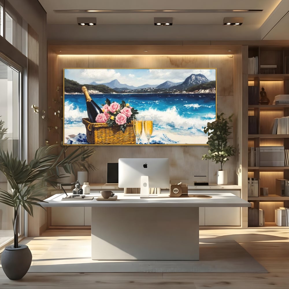 Leinwand Premium Canvas Wall Art, LuxCanva® N1056, Toast to Paradise, Wellen, Ozean, Picknick, Rosen, Glas, Gläser, Champagner, Getränk, Strand, Urlaub, Kneipe, Lounge, Bar, Restaurant, Küche, Küche
