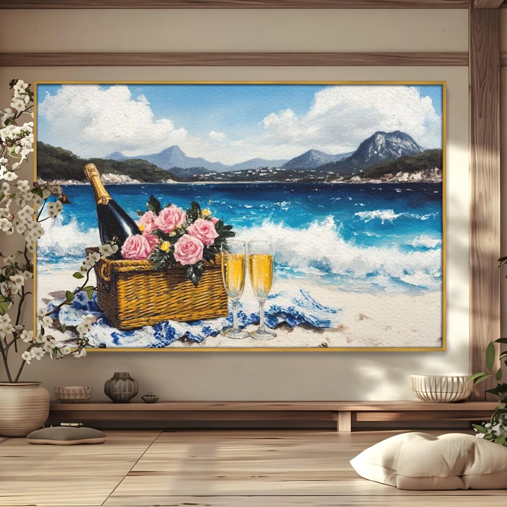 Leinwand Premium Canvas Wall Art, LuxCanva® N1056, Toast to Paradise, Wellen, Ozean, Picknick, Rosen, Glas, Gläser, Champagner, Getränk, Strand, Urlaub, Kneipe, Lounge, Bar, Restaurant, Küche, Küche