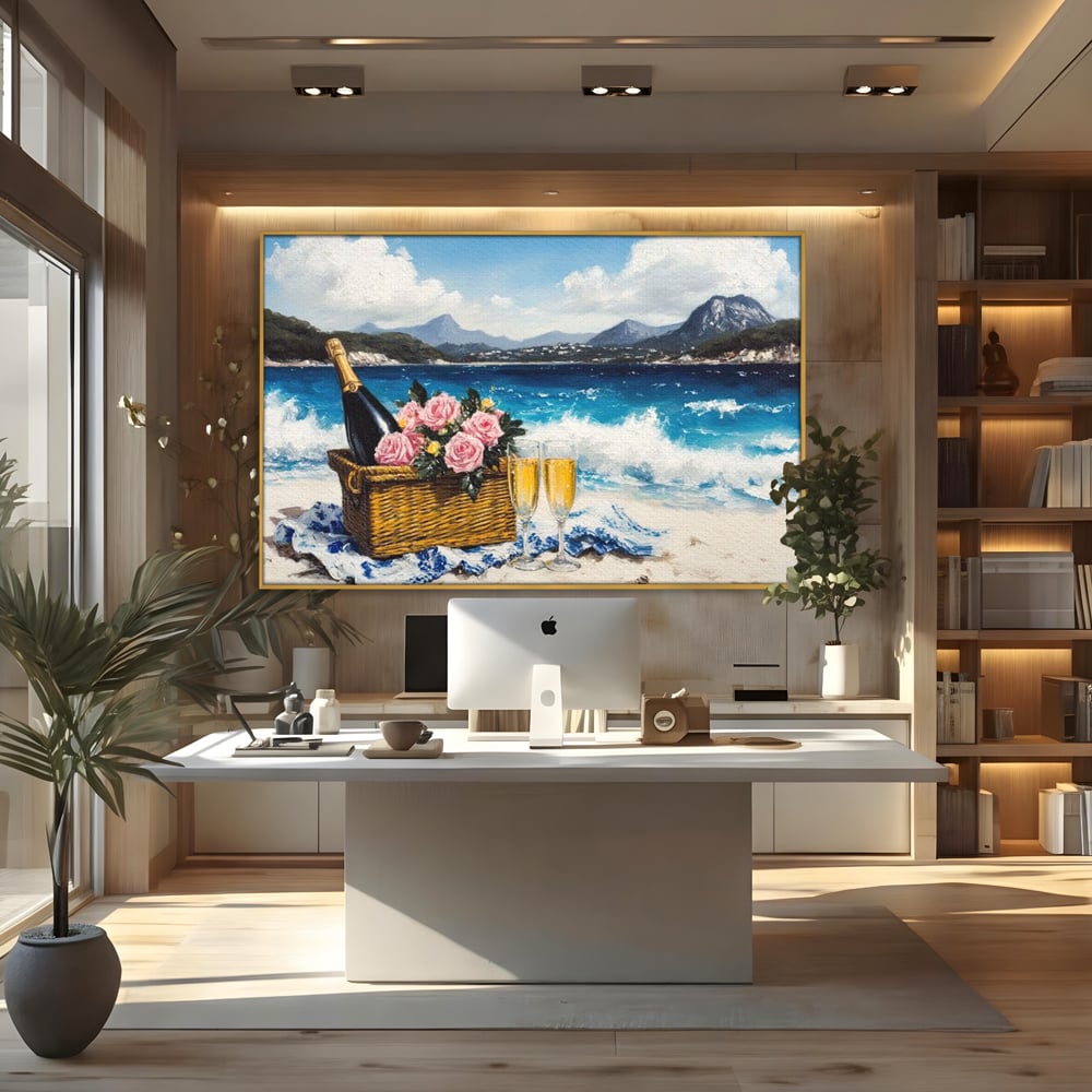 Leinwand Premium Canvas Wall Art, LuxCanva® N1056, Toast to Paradise, Wellen, Ozean, Picknick, Rosen, Glas, Gläser, Champagner, Getränk, Strand, Urlaub, Kneipe, Lounge, Bar, Restaurant, Küche, Küche