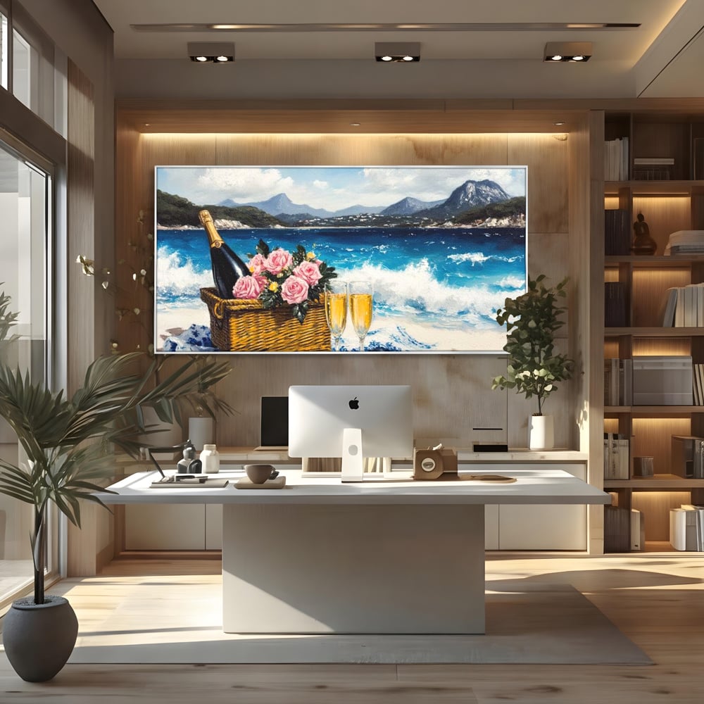 Leinwand Premium Canvas Wall Art, LuxCanva® N1056, Toast to Paradise, Wellen, Ozean, Picknick, Rosen, Glas, Gläser, Champagner, Getränk, Strand, Urlaub, Kneipe, Lounge, Bar, Restaurant, Küche, Küche