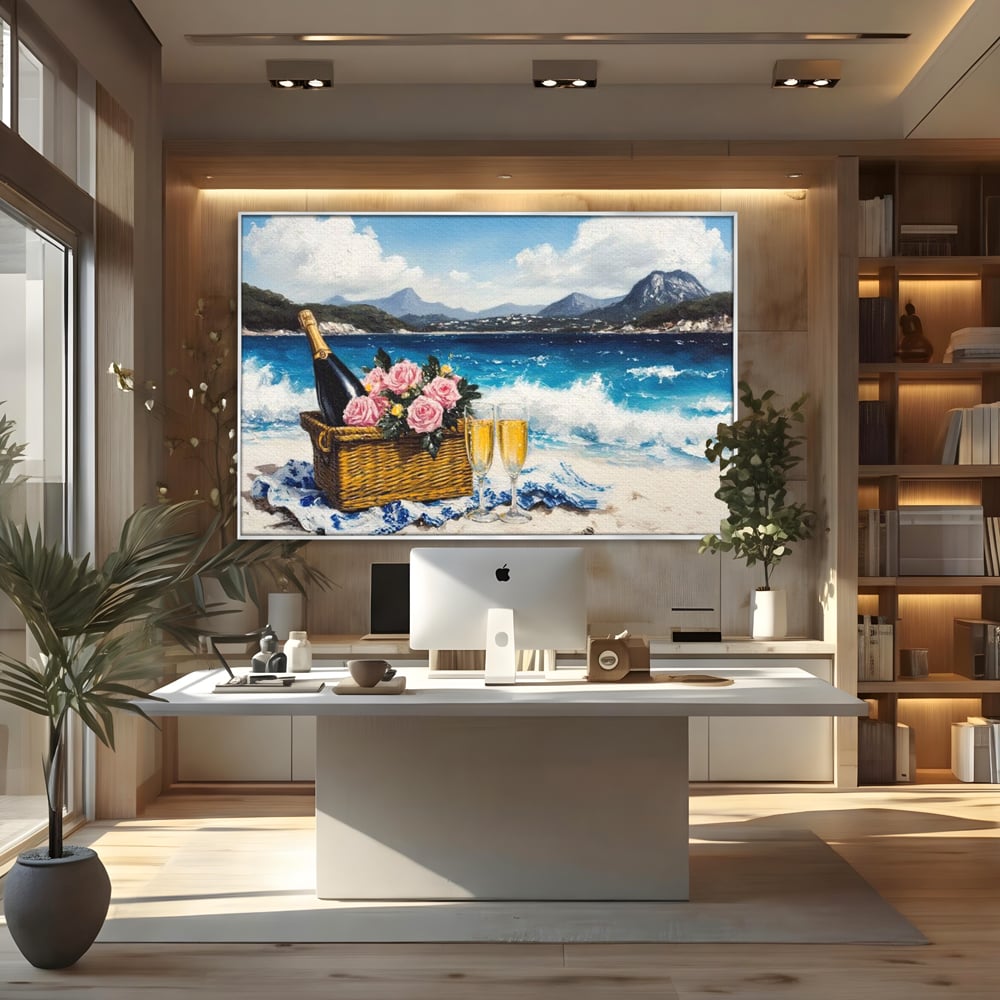 Leinwand Premium Canvas Wall Art, LuxCanva® N1056, Toast to Paradise, Wellen, Ozean, Picknick, Rosen, Glas, Gläser, Champagner, Getränk, Strand, Urlaub, Kneipe, Lounge, Bar, Restaurant, Küche, Küche