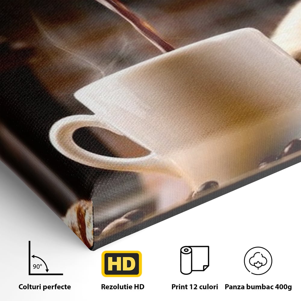 Leinwand Premium Canvas Wall Art, LuxCanva® N1058, Perfekte Tropfen, Kaffee, Espresso, Bohnen, Tasse, Dampf, Aroma, Intensität, Morgen, Café, Kneipe, Lounge, Bar, Restaurant, Küche