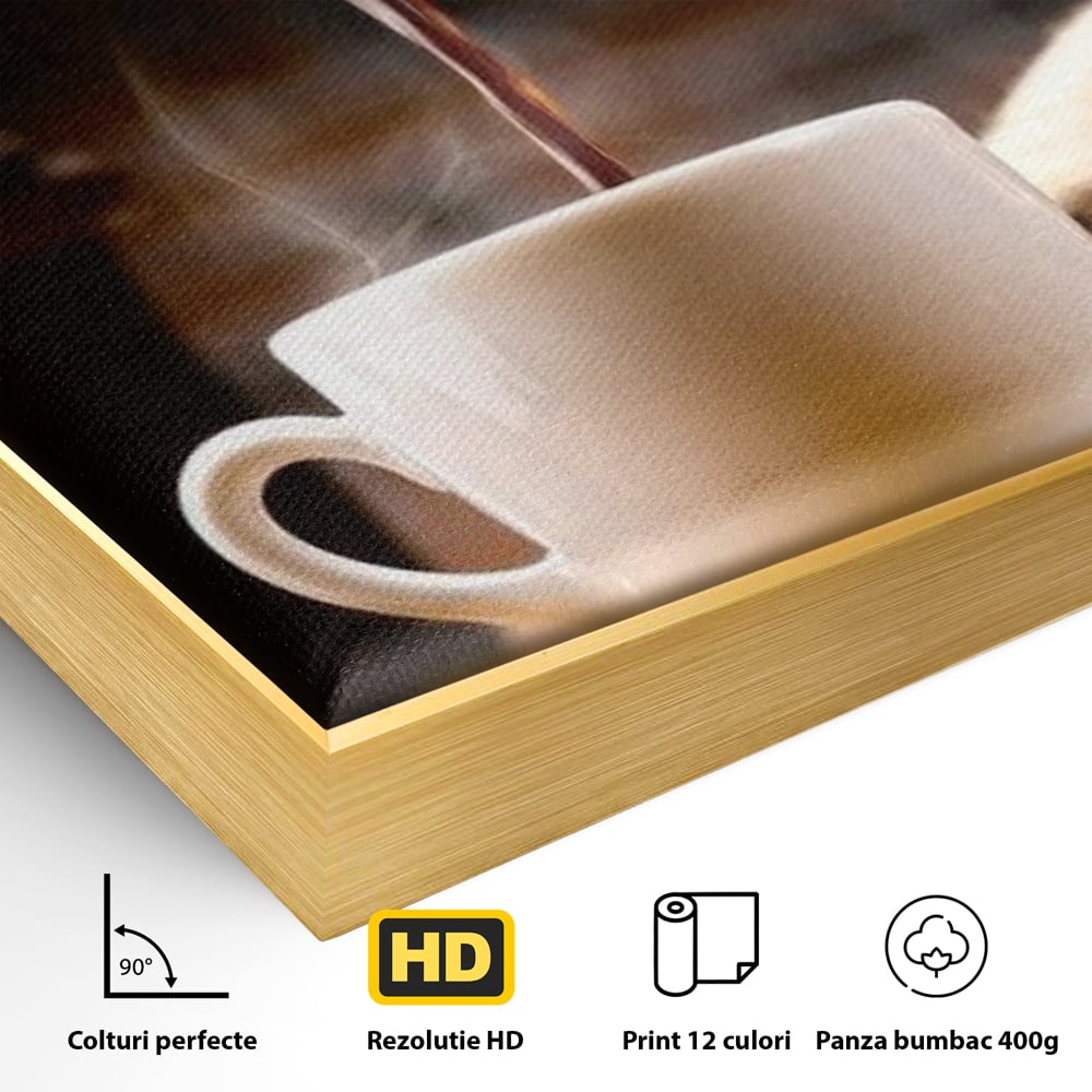 Leinwand Premium Canvas Wall Art, LuxCanva® N1058, Perfekte Tropfen, Kaffee, Espresso, Bohnen, Tasse, Dampf, Aroma, Intensität, Morgen, Café, Kneipe, Lounge, Bar, Restaurant, Küche