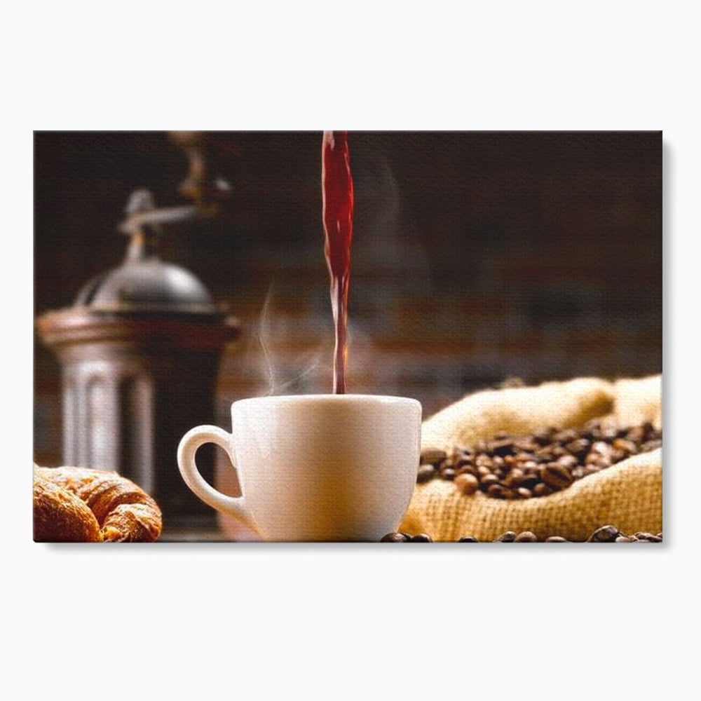Leinwand Premium Canvas Wall Art, LuxCanva® N1058, Perfekte Tropfen, Kaffee, Espresso, Bohnen, Tasse, Dampf, Aroma, Intensität, Morgen, Café, Kneipe, Lounge, Bar, Restaurant, Küche