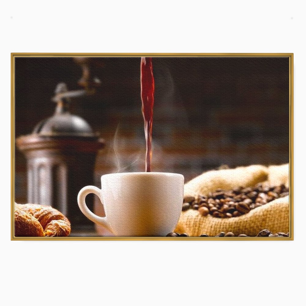 Leinwand Premium Canvas Wall Art, LuxCanva® N1058, Perfekte Tropfen, Kaffee, Espresso, Bohnen, Tasse, Dampf, Aroma, Intensität, Morgen, Café, Kneipe, Lounge, Bar, Restaurant, Küche