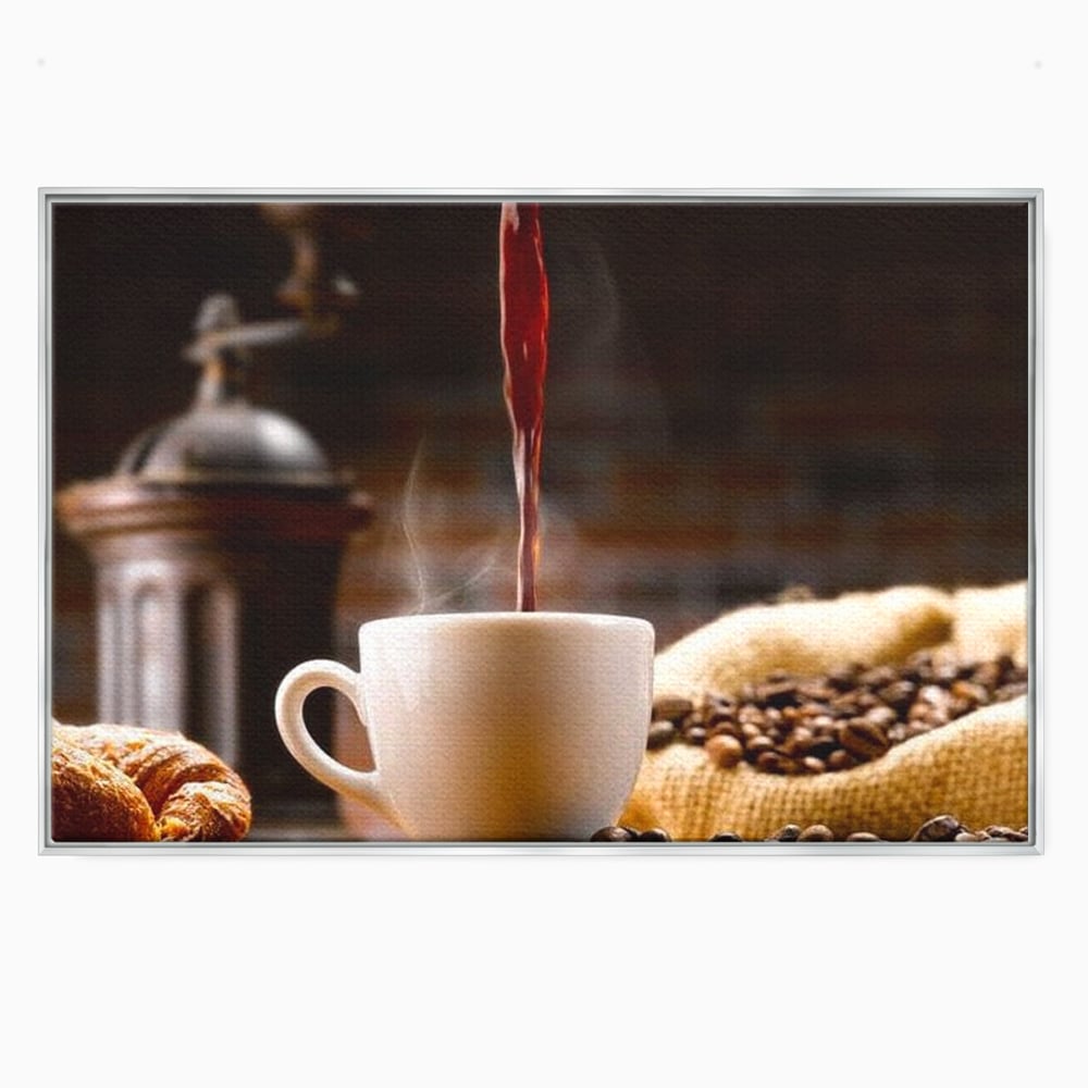 Leinwand Premium Canvas Wall Art, LuxCanva® N1058, Perfekte Tropfen, Kaffee, Espresso, Bohnen, Tasse, Dampf, Aroma, Intensität, Morgen, Café, Kneipe, Lounge, Bar, Restaurant, Küche