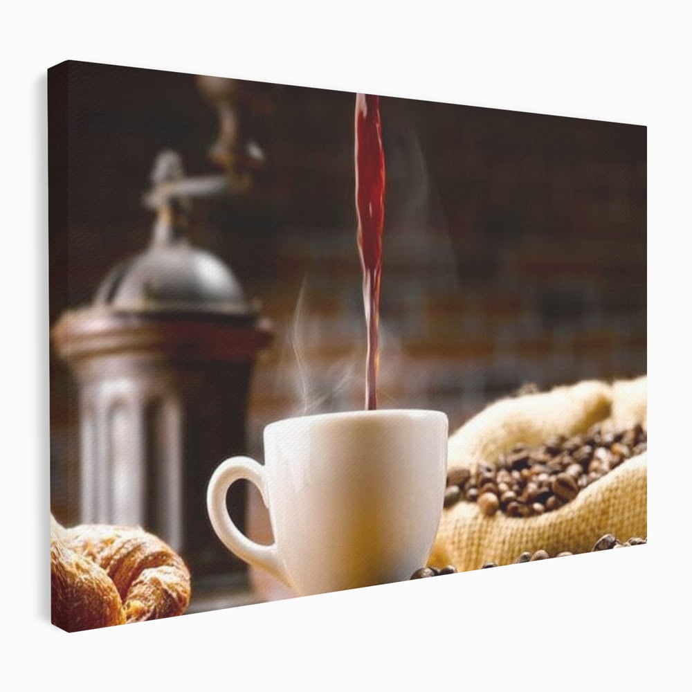 Leinwand Premium Canvas Wall Art, LuxCanva® N1058, Perfekte Tropfen, Kaffee, Espresso, Bohnen, Tasse, Dampf, Aroma, Intensität, Morgen, Café, Kneipe, Lounge, Bar, Restaurant, Küche