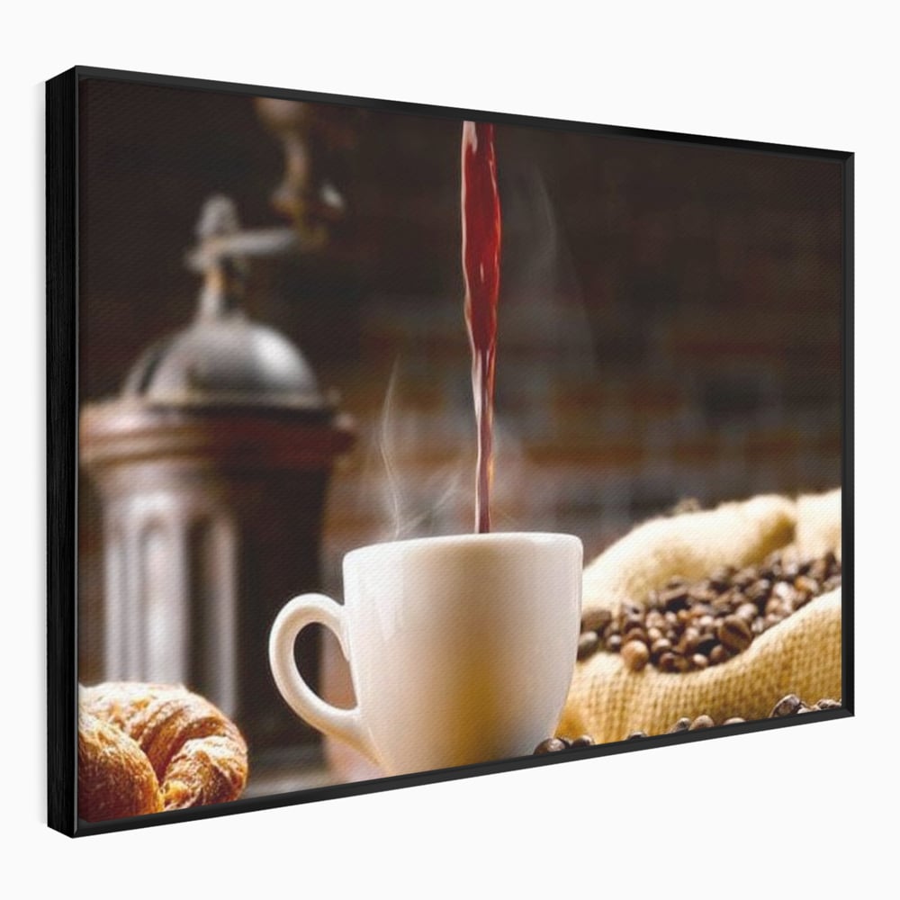 Leinwand Premium Canvas Wall Art, LuxCanva® N1058, Perfekte Tropfen, Kaffee, Espresso, Bohnen, Tasse, Dampf, Aroma, Intensität, Morgen, Café, Kneipe, Lounge, Bar, Restaurant, Küche