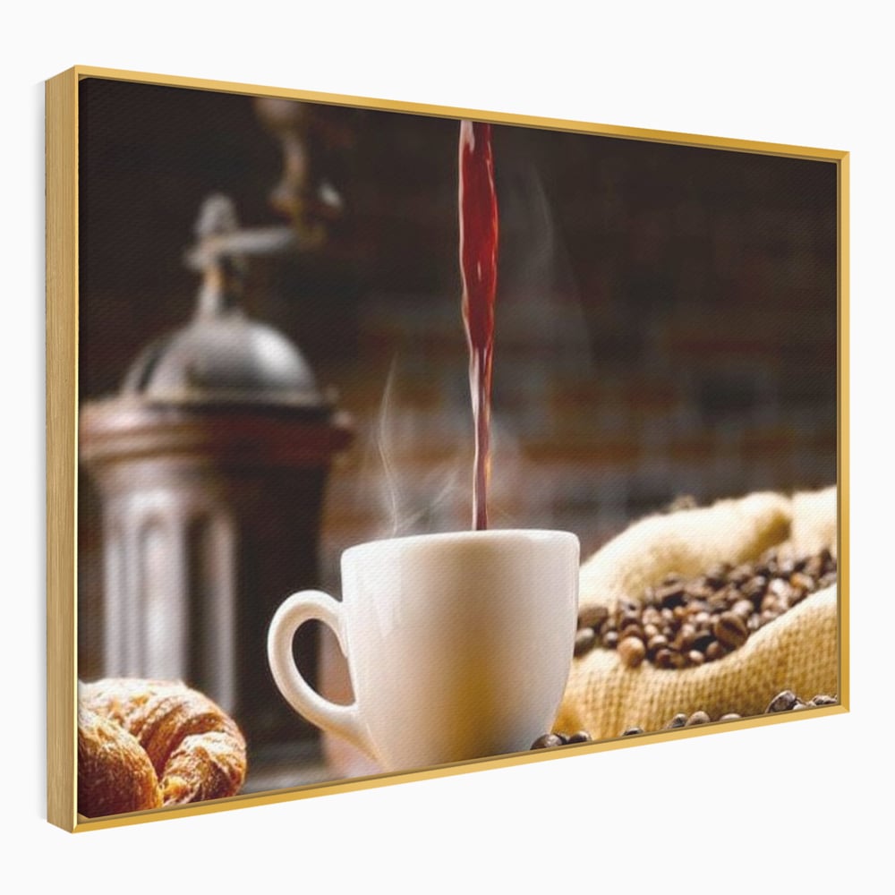 Leinwand Premium Canvas Wall Art, LuxCanva® N1058, Perfekte Tropfen, Kaffee, Espresso, Bohnen, Tasse, Dampf, Aroma, Intensität, Morgen, Café, Kneipe, Lounge, Bar, Restaurant, Küche