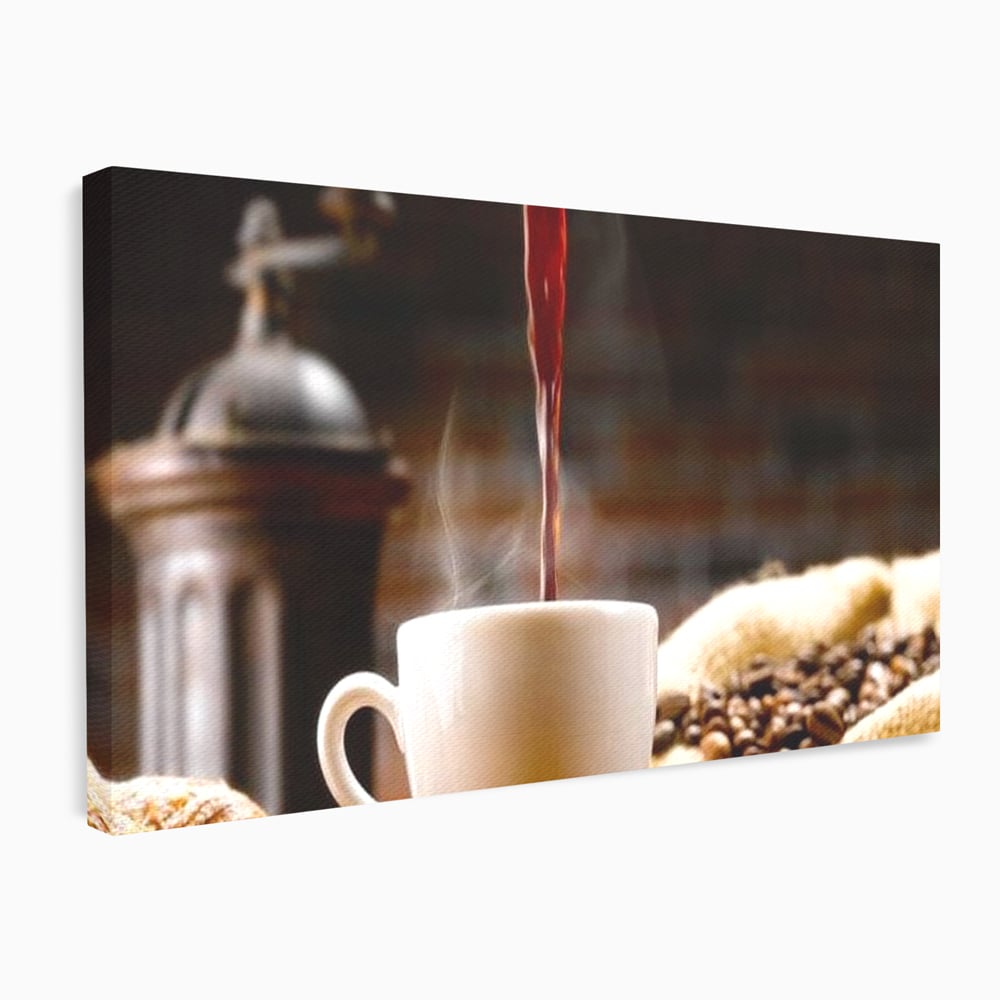 Leinwand Premium Canvas Wall Art, LuxCanva® N1058, Perfekte Tropfen, Kaffee, Espresso, Bohnen, Tasse, Dampf, Aroma, Intensität, Morgen, Café, Kneipe, Lounge, Bar, Restaurant, Küche