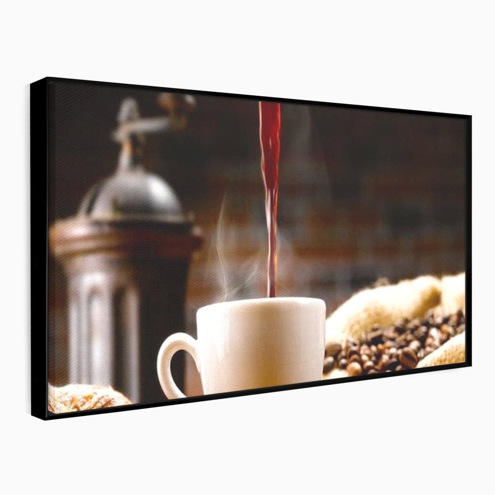 Leinwand Premium Canvas Wall Art, LuxCanva® N1058, Perfekte Tropfen, Kaffee, Espresso, Bohnen, Tasse, Dampf, Aroma, Intensität, Morgen, Café, Kneipe, Lounge, Bar, Restaurant, Küche
