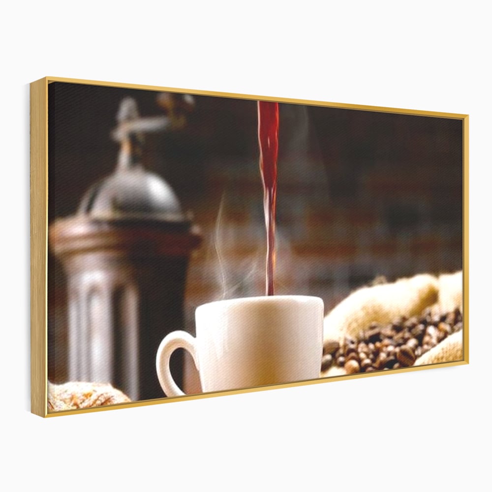 Leinwand Premium Canvas Wall Art, LuxCanva® N1058, Perfekte Tropfen, Kaffee, Espresso, Bohnen, Tasse, Dampf, Aroma, Intensität, Morgen, Café, Kneipe, Lounge, Bar, Restaurant, Küche