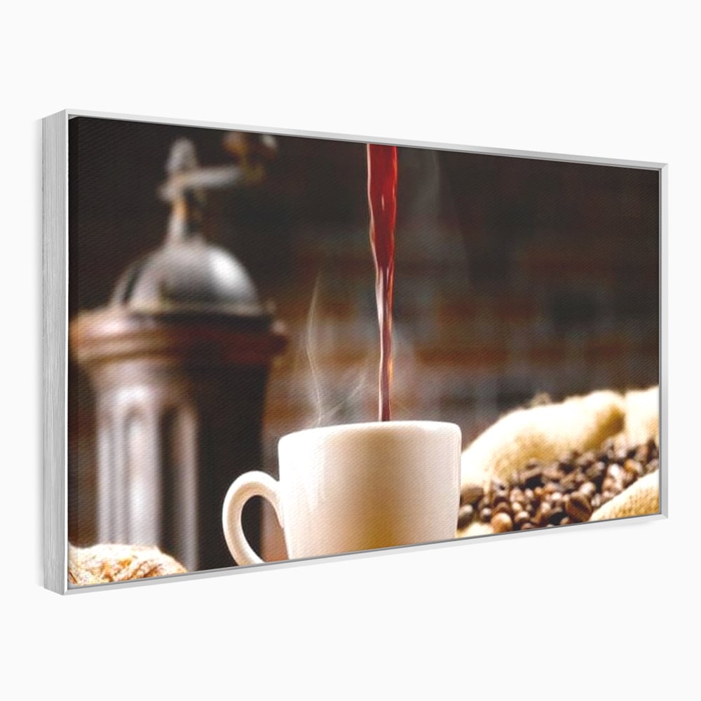 Leinwand Premium Canvas Wall Art, LuxCanva® N1058, Perfekte Tropfen, Kaffee, Espresso, Bohnen, Tasse, Dampf, Aroma, Intensität, Morgen, Café, Kneipe, Lounge, Bar, Restaurant, Küche