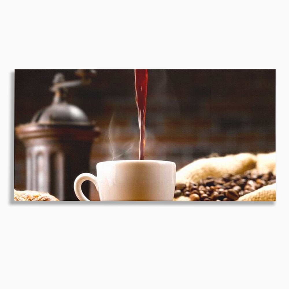 Leinwand Premium Canvas Wall Art, LuxCanva® N1058, Perfekte Tropfen, Kaffee, Espresso, Bohnen, Tasse, Dampf, Aroma, Intensität, Morgen, Café, Kneipe, Lounge, Bar, Restaurant, Küche