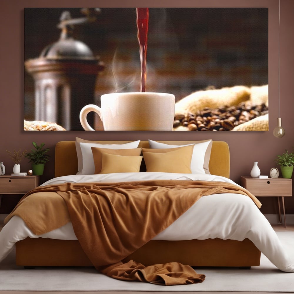 Leinwand Premium Canvas Wall Art, LuxCanva® N1058, Perfekte Tropfen, Kaffee, Espresso, Bohnen, Tasse, Dampf, Aroma, Intensität, Morgen, Café, Kneipe, Lounge, Bar, Restaurant, Küche
