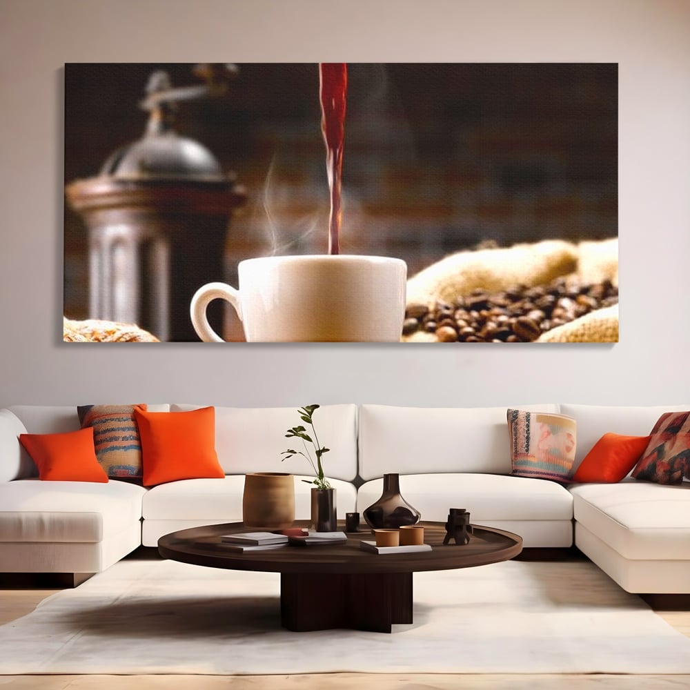Leinwand Premium Canvas Wall Art, LuxCanva® N1058, Perfekte Tropfen, Kaffee, Espresso, Bohnen, Tasse, Dampf, Aroma, Intensität, Morgen, Café, Kneipe, Lounge, Bar, Restaurant, Küche