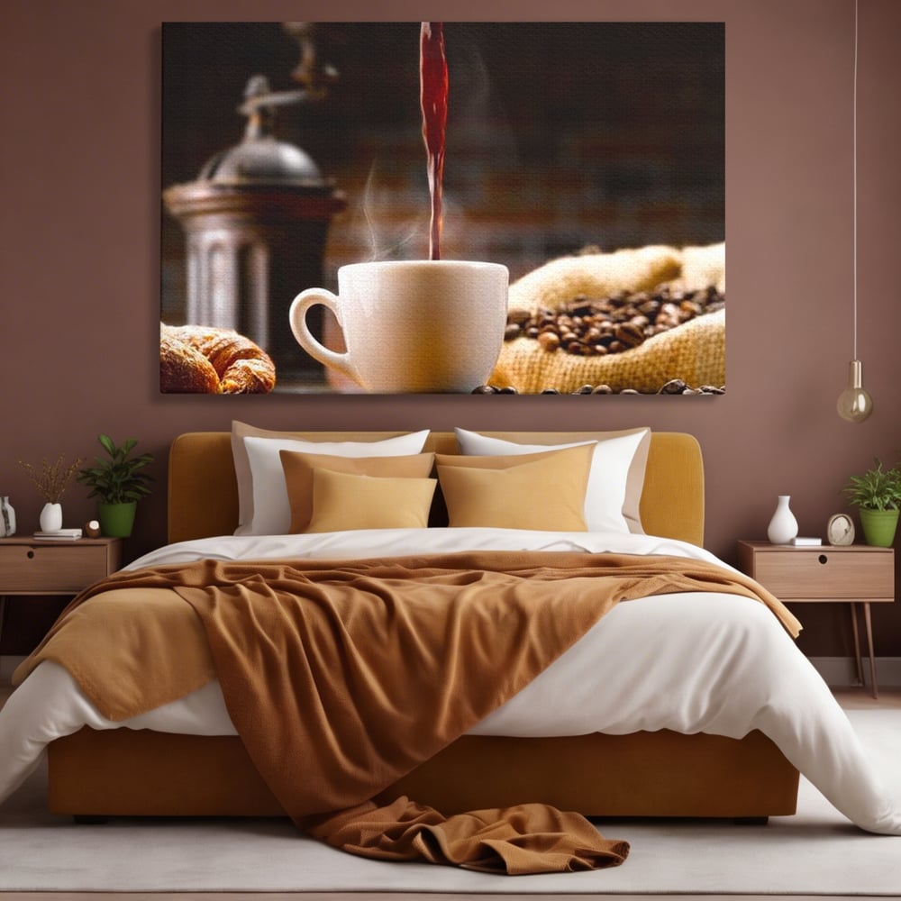 Leinwand Premium Canvas Wall Art, LuxCanva® N1058, Perfekte Tropfen, Kaffee, Espresso, Bohnen, Tasse, Dampf, Aroma, Intensität, Morgen, Café, Kneipe, Lounge, Bar, Restaurant, Küche
