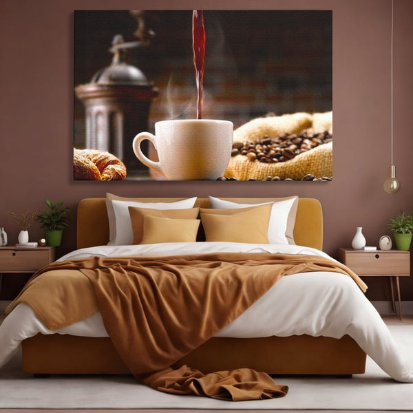 Leinwand Premium Canvas Wall Art, LuxCanva® N1058, Perfekte Tropfen, Kaffee, Espresso, Bohnen, Tasse, Dampf, Aroma, Intensität, Morgen, Café, Kneipe, Lounge, Bar, Restaurant, Küche