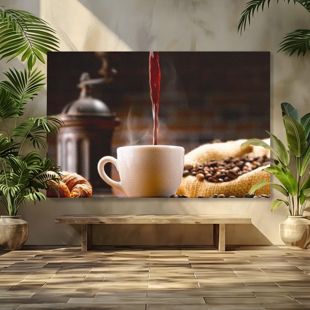 Leinwand Premium Canvas Wall Art, LuxCanva® N1058, Perfekte Tropfen, Kaffee, Espresso, Bohnen, Tasse, Dampf, Aroma, Intensität, Morgen, Café, Kneipe, Lounge, Bar, Restaurant, Küche