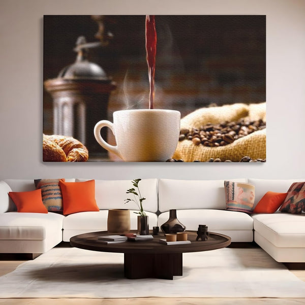 Leinwand Premium Canvas Wall Art, LuxCanva® N1058, Perfekte Tropfen, Kaffee, Espresso, Bohnen, Tasse, Dampf, Aroma, Intensität, Morgen, Café, Kneipe, Lounge, Bar, Restaurant, Küche