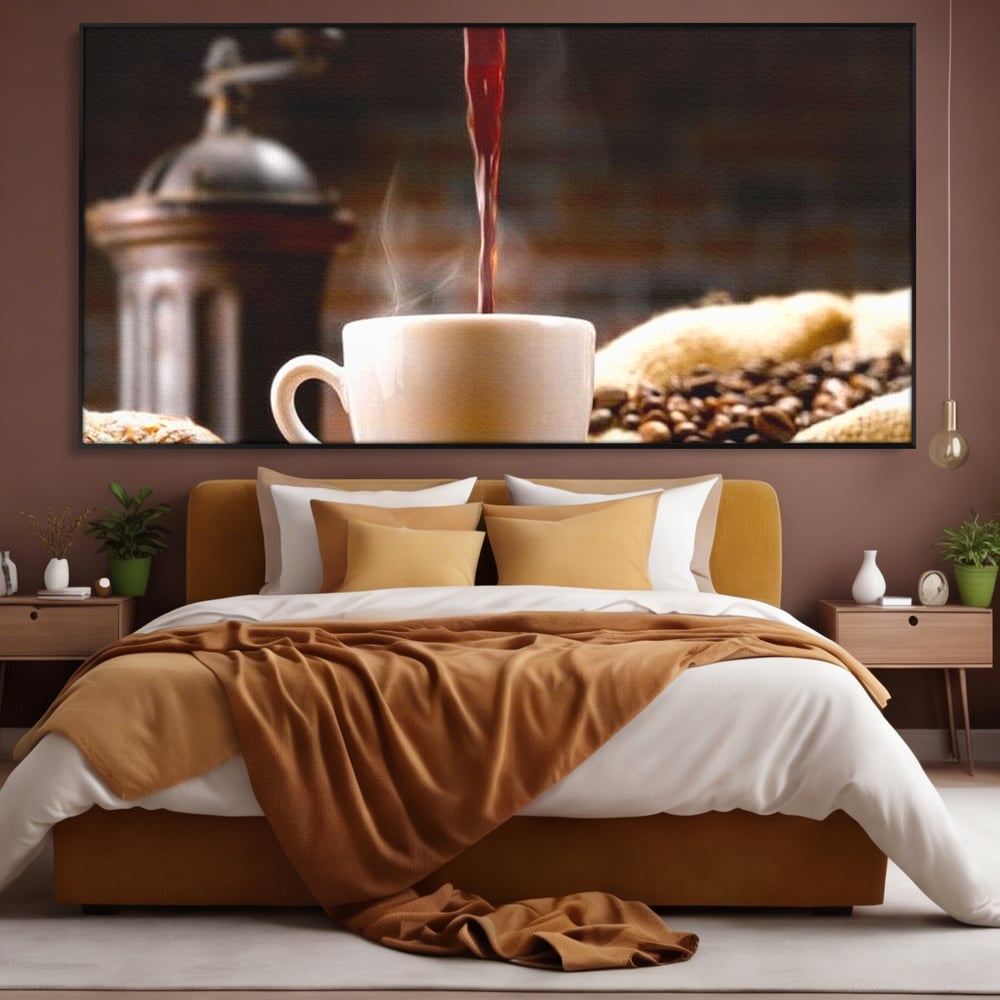 Leinwand Premium Canvas Wall Art, LuxCanva® N1058, Perfekte Tropfen, Kaffee, Espresso, Bohnen, Tasse, Dampf, Aroma, Intensität, Morgen, Café, Kneipe, Lounge, Bar, Restaurant, Küche