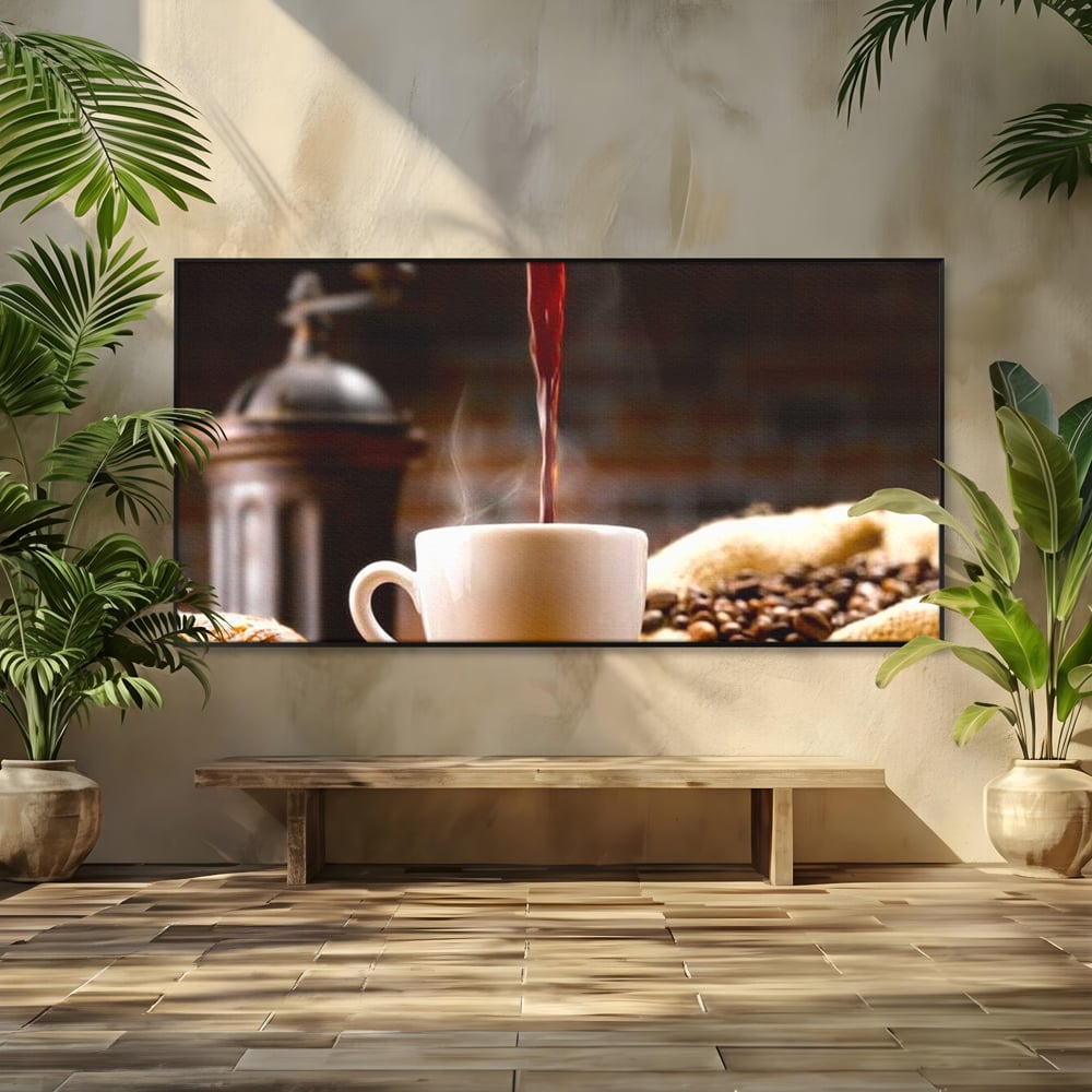 Leinwand Premium Canvas Wall Art, LuxCanva® N1058, Perfekte Tropfen, Kaffee, Espresso, Bohnen, Tasse, Dampf, Aroma, Intensität, Morgen, Café, Kneipe, Lounge, Bar, Restaurant, Küche