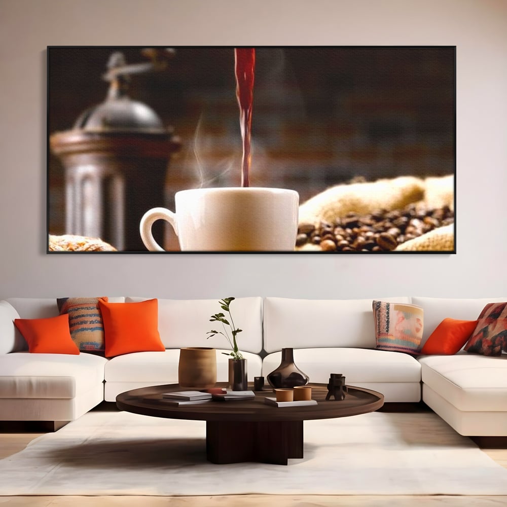 Leinwand Premium Canvas Wall Art, LuxCanva® N1058, Perfekte Tropfen, Kaffee, Espresso, Bohnen, Tasse, Dampf, Aroma, Intensität, Morgen, Café, Kneipe, Lounge, Bar, Restaurant, Küche