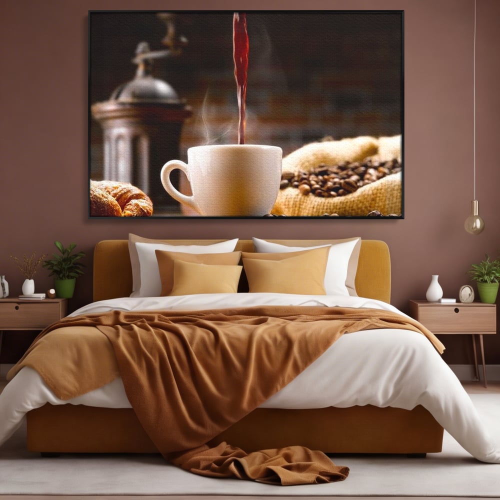 Leinwand Premium Canvas Wall Art, LuxCanva® N1058, Perfekte Tropfen, Kaffee, Espresso, Bohnen, Tasse, Dampf, Aroma, Intensität, Morgen, Café, Kneipe, Lounge, Bar, Restaurant, Küche