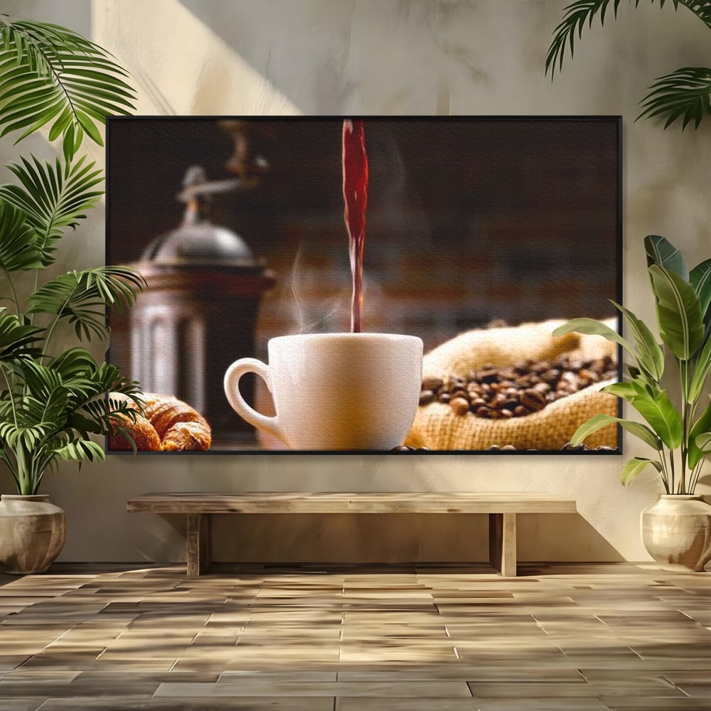 Leinwand Premium Canvas Wall Art, LuxCanva® N1058, Perfekte Tropfen, Kaffee, Espresso, Bohnen, Tasse, Dampf, Aroma, Intensität, Morgen, Café, Kneipe, Lounge, Bar, Restaurant, Küche