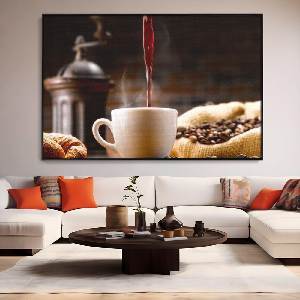 Leinwand Premium Canvas Wall Art, LuxCanva® N1058, Perfekte Tropfen, Kaffee, Espresso, Bohnen, Tasse, Dampf, Aroma, Intensität, Morgen, Café, Kneipe, Lounge, Bar, Restaurant, Küche