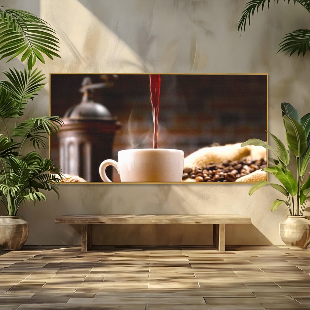 Leinwand Premium Canvas Wall Art, LuxCanva® N1058, Perfekte Tropfen, Kaffee, Espresso, Bohnen, Tasse, Dampf, Aroma, Intensität, Morgen, Café, Kneipe, Lounge, Bar, Restaurant, Küche