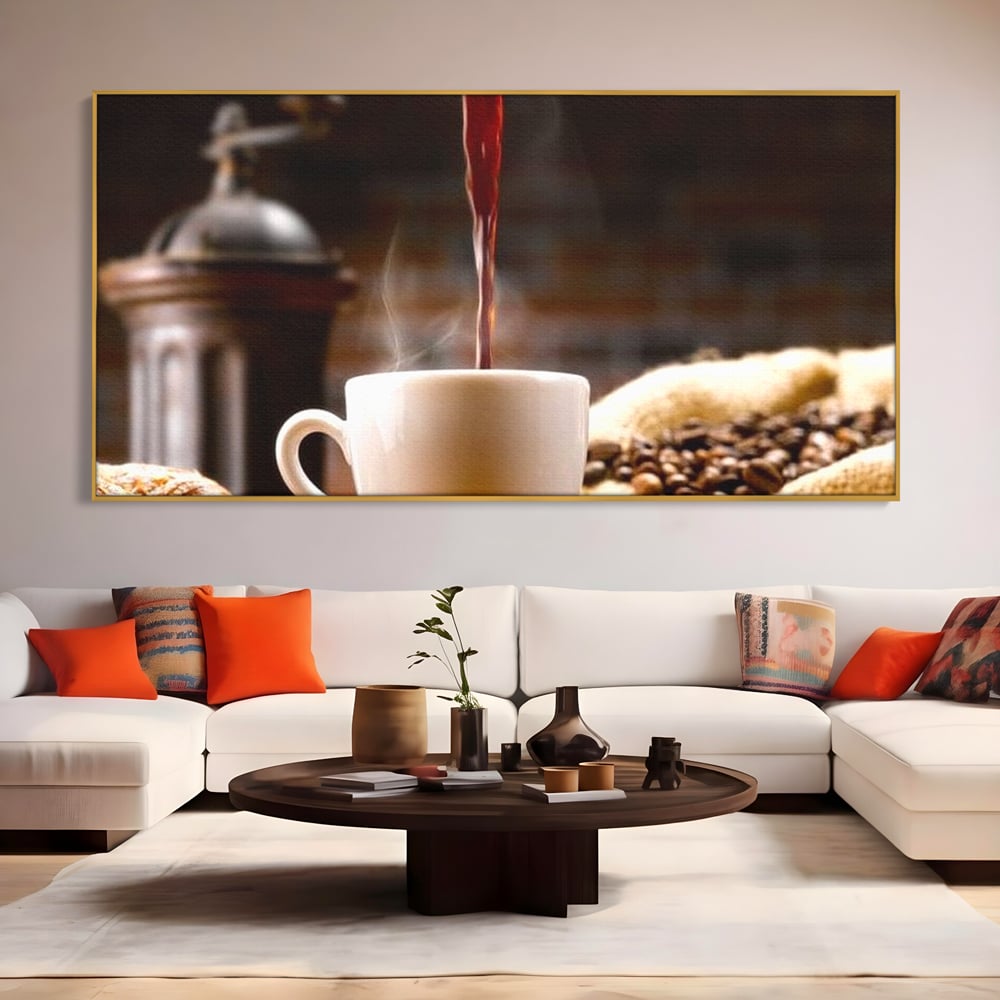 Leinwand Premium Canvas Wall Art, LuxCanva® N1058, Perfekte Tropfen, Kaffee, Espresso, Bohnen, Tasse, Dampf, Aroma, Intensität, Morgen, Café, Kneipe, Lounge, Bar, Restaurant, Küche