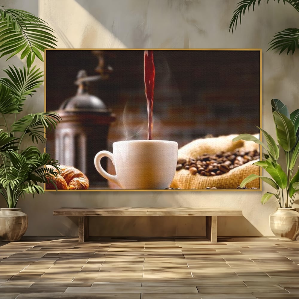 Leinwand Premium Canvas Wall Art, LuxCanva® N1058, Perfekte Tropfen, Kaffee, Espresso, Bohnen, Tasse, Dampf, Aroma, Intensität, Morgen, Café, Kneipe, Lounge, Bar, Restaurant, Küche