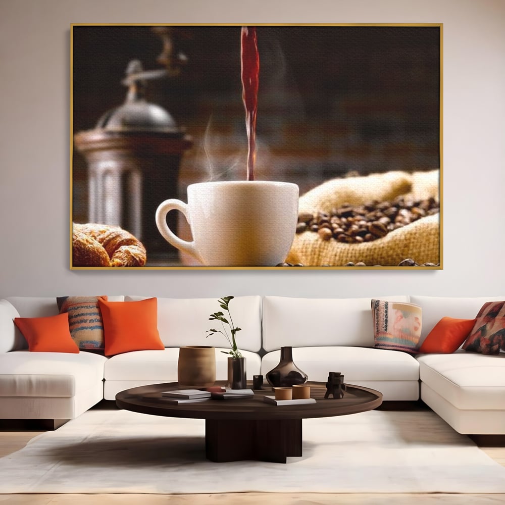 Leinwand Premium Canvas Wall Art, LuxCanva® N1058, Perfekte Tropfen, Kaffee, Espresso, Bohnen, Tasse, Dampf, Aroma, Intensität, Morgen, Café, Kneipe, Lounge, Bar, Restaurant, Küche