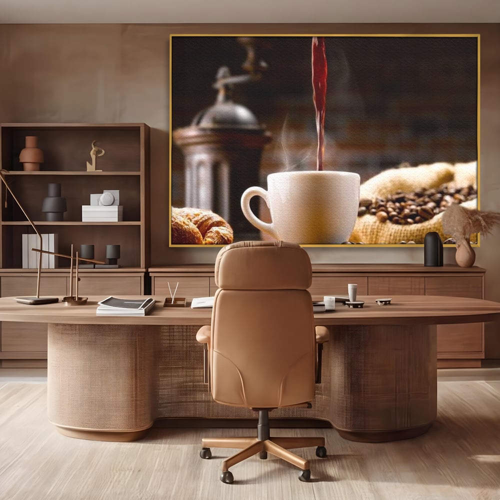 Leinwand Premium Canvas Wall Art, LuxCanva® N1058, Perfekte Tropfen, Kaffee, Espresso, Bohnen, Tasse, Dampf, Aroma, Intensität, Morgen, Café, Kneipe, Lounge, Bar, Restaurant, Küche