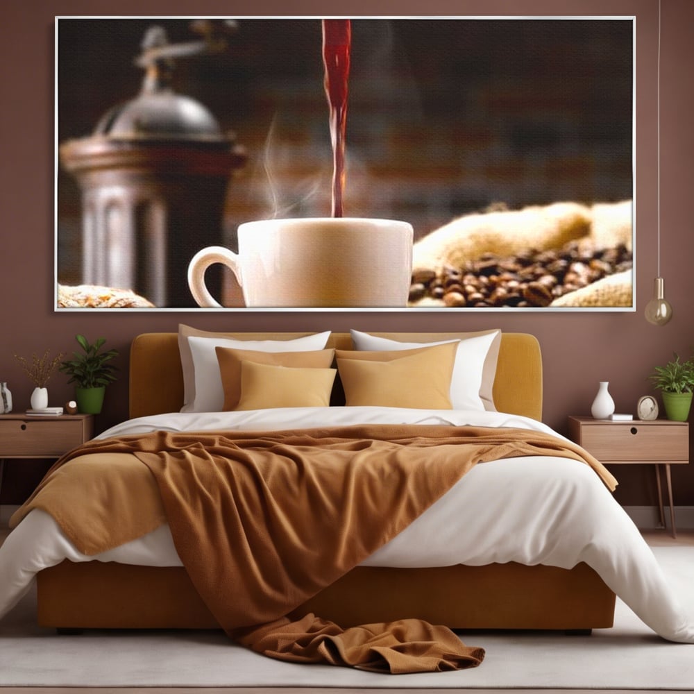 Leinwand Premium Canvas Wall Art, LuxCanva® N1058, Perfekte Tropfen, Kaffee, Espresso, Bohnen, Tasse, Dampf, Aroma, Intensität, Morgen, Café, Kneipe, Lounge, Bar, Restaurant, Küche