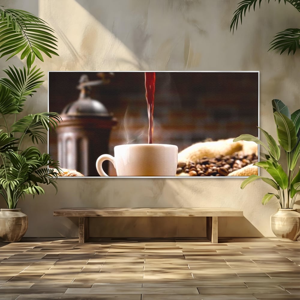 Leinwand Premium Canvas Wall Art, LuxCanva® N1058, Perfekte Tropfen, Kaffee, Espresso, Bohnen, Tasse, Dampf, Aroma, Intensität, Morgen, Café, Kneipe, Lounge, Bar, Restaurant, Küche