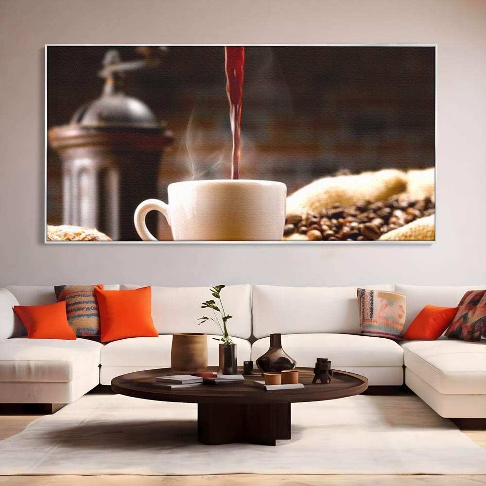 Leinwand Premium Canvas Wall Art, LuxCanva® N1058, Perfekte Tropfen, Kaffee, Espresso, Bohnen, Tasse, Dampf, Aroma, Intensität, Morgen, Café, Kneipe, Lounge, Bar, Restaurant, Küche
