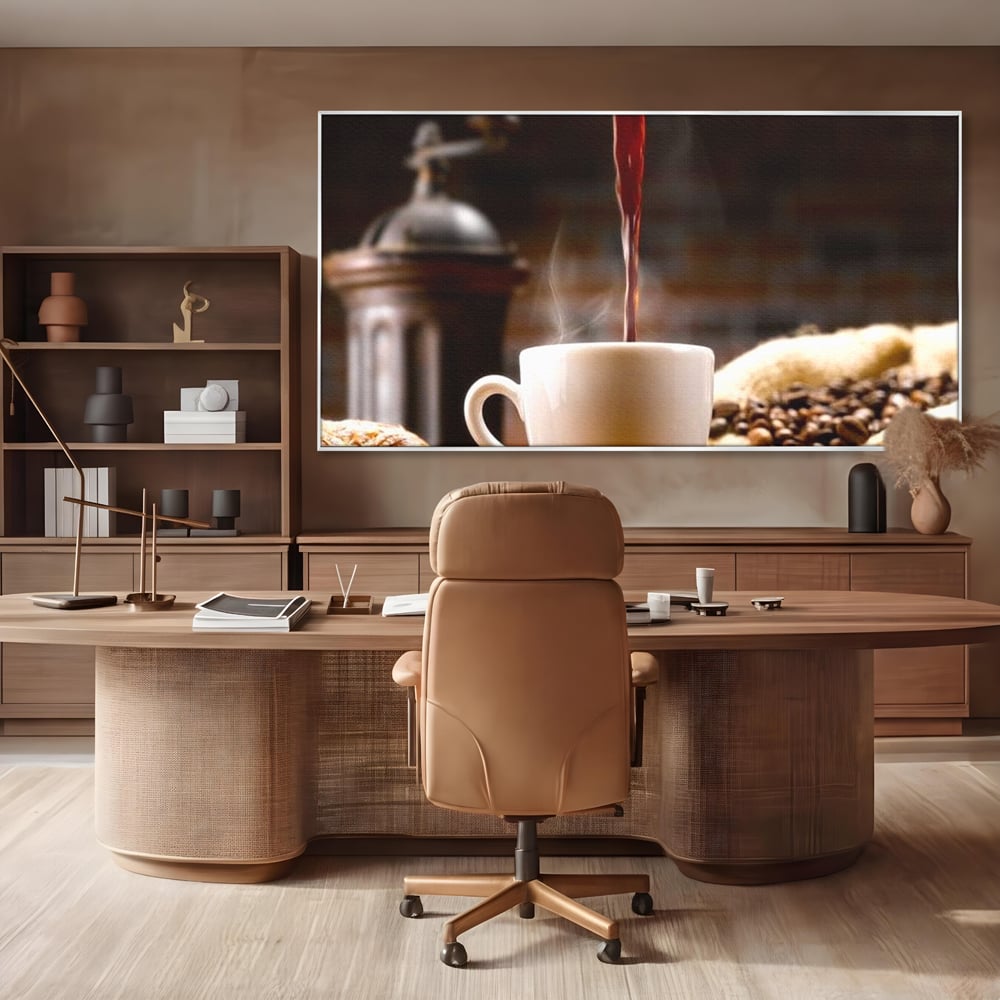 Leinwand Premium Canvas Wall Art, LuxCanva® N1058, Perfekte Tropfen, Kaffee, Espresso, Bohnen, Tasse, Dampf, Aroma, Intensität, Morgen, Café, Kneipe, Lounge, Bar, Restaurant, Küche