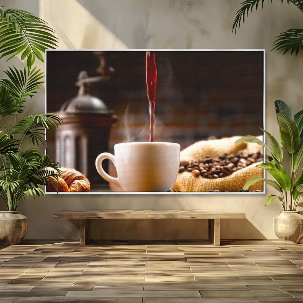 Leinwand Premium Canvas Wall Art, LuxCanva® N1058, Perfekte Tropfen, Kaffee, Espresso, Bohnen, Tasse, Dampf, Aroma, Intensität, Morgen, Café, Kneipe, Lounge, Bar, Restaurant, Küche